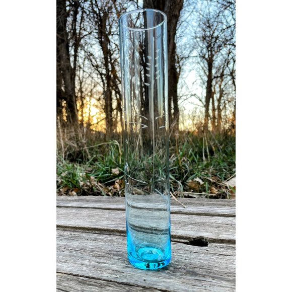 Vintage Turquoise Blue Clear Tint Etched Tall Bud Flower Vase 9.5" - Picture 13 of 14